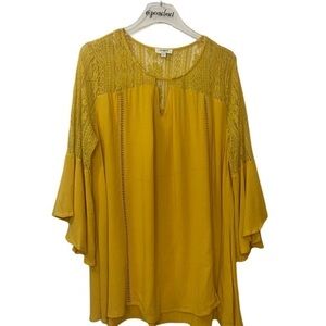 Umgee Bohemia Bell Sleeve Lace Trim Boho Tunic Mustard Yellow Top